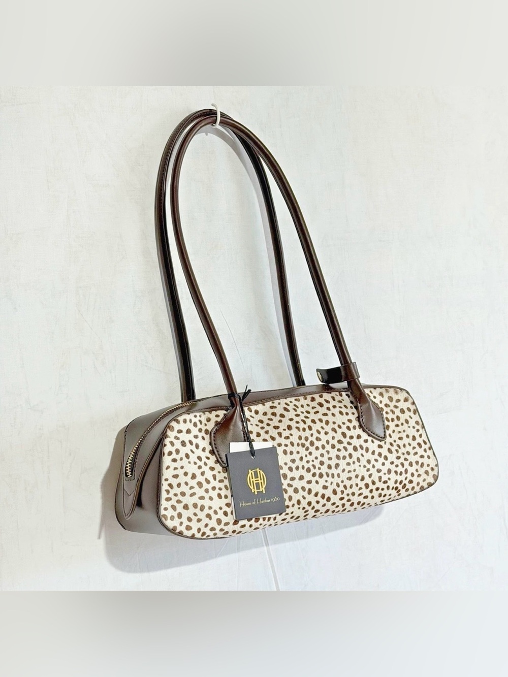 NWT House of Harlow 1960 Genuine Calf Hair Dot Long Baguette Shoulder bag